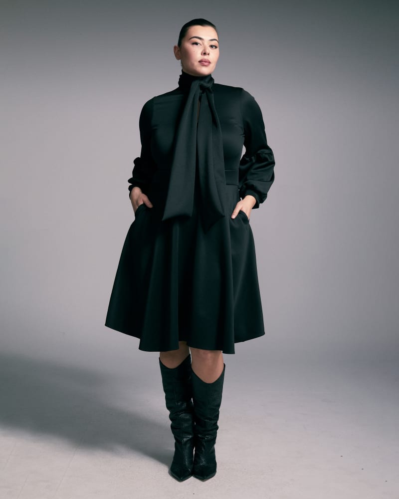 Front of a model wearing a size 1X Bekah Flare Dress in Black by L I V D. | dia_product_style_image_id:270280